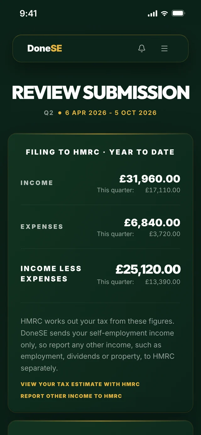 DoneSE, Review submission: the year-to-date income and expenses that go to HMRC for Q2