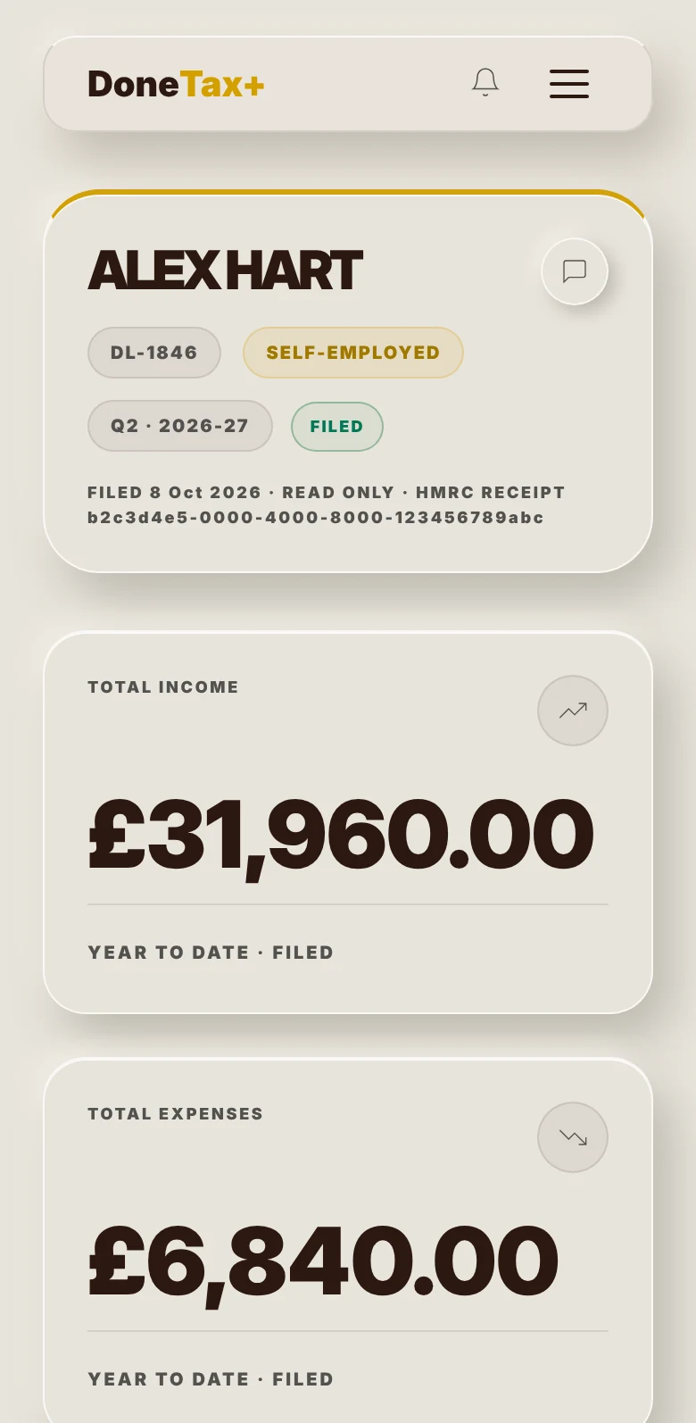 DoneTax+, a client's quarter filed by the practice: Alex Hart, self-employed, Q2 2026-27, income £31,960.00 and expenses £6,840.00 year to date