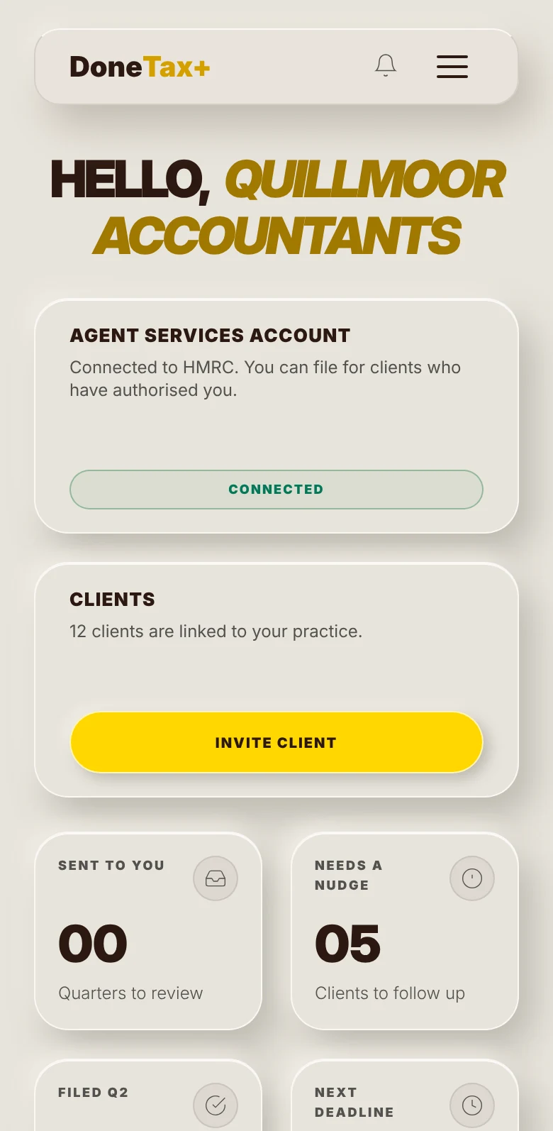 DoneTax+ home screen: a practice's clients and the quarters sent to it