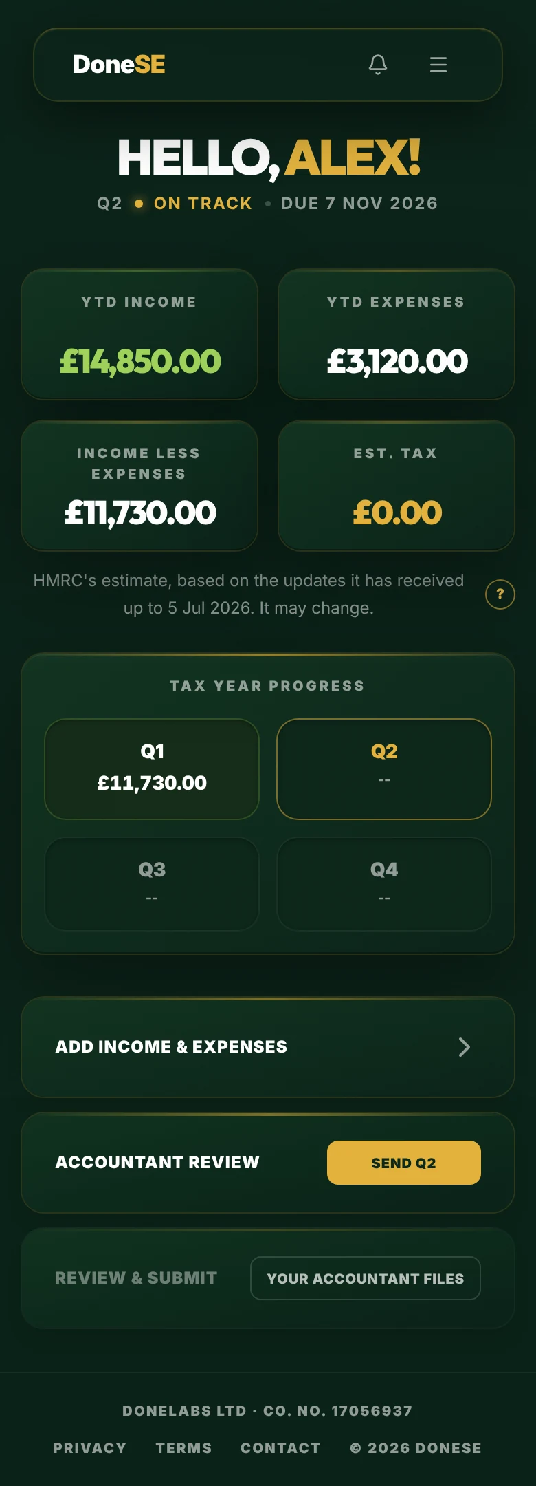 DoneSE home screen: a sole trader's year-to-date income, expenses and quarters